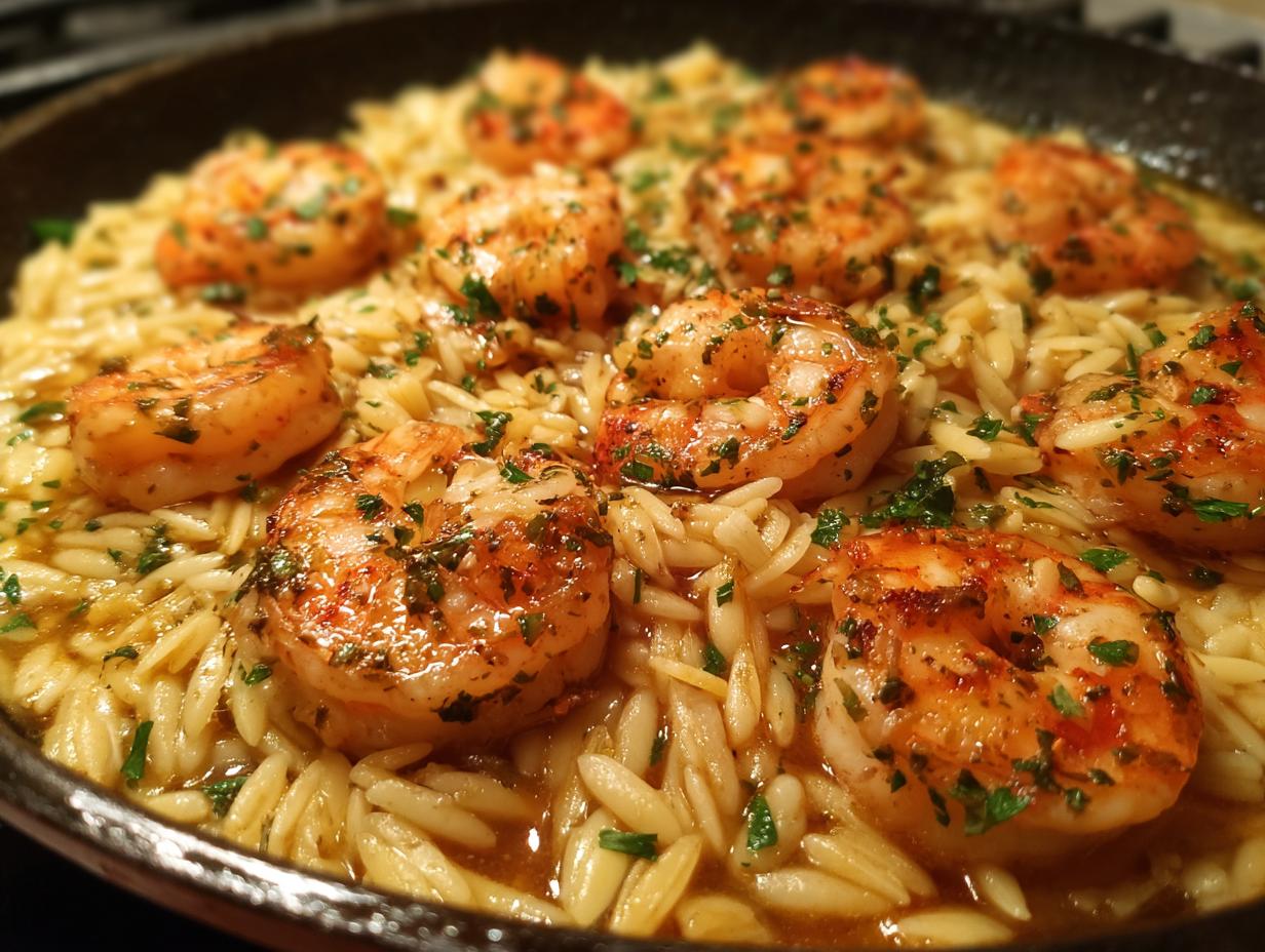 Close-up of succulent shrimp nestled in a bed of orzo pasta, coated in a glistening lemon garlic sauce and sprinkled with fresh parsley.