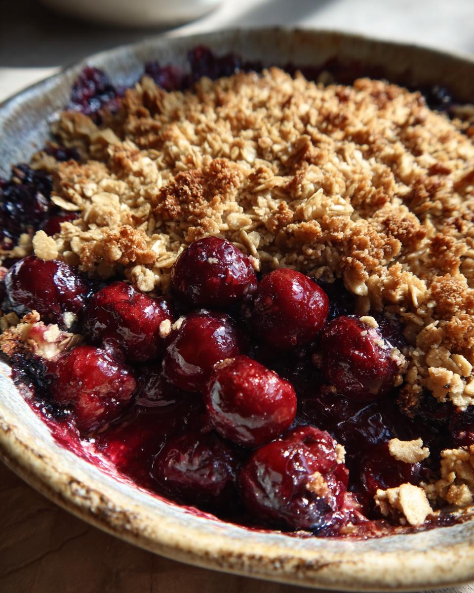 Close-up of a bubbling sour cherry crisp in a rustic baking dish, showing whole cherries and a golden oat topping.