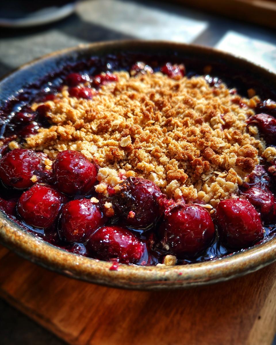 Close-up of a rustic bowl filled with a bubbling sour cherry crisp, topped with golden crumble.