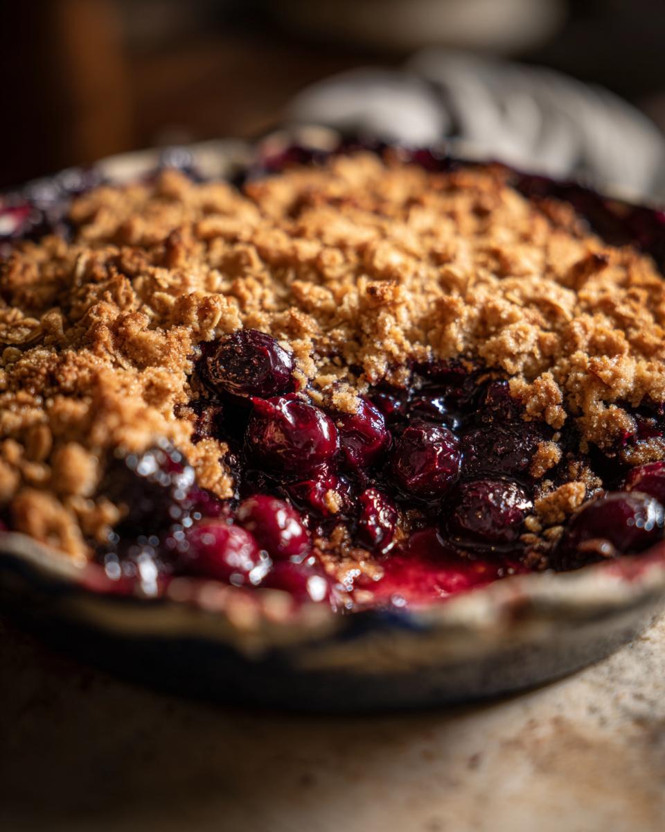 A close-up shot of a warm, bubbling sour cherry crisp in a rustic pie dish, with a golden brown crumble topping.