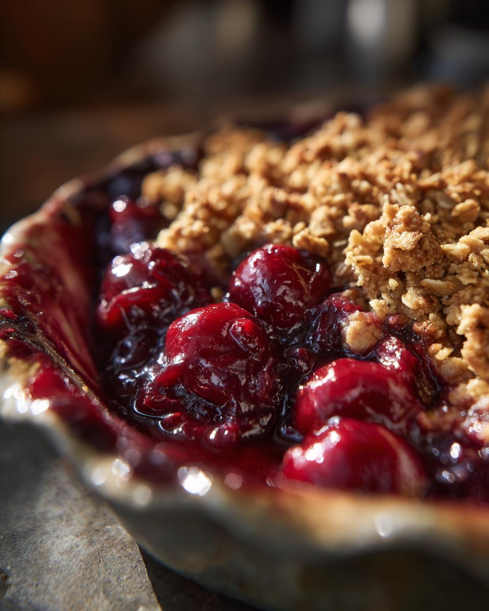 A close-up shot of a bubbling sour cherry crisp in a pie dish, showing whole cherries and a golden oat topping.