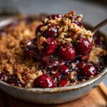 A spoonful of amazing sour cherry crisp, showing juicy cherries and a crunchy topping.