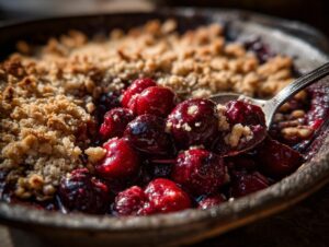 Close-up of a rustic sour cherry crisp in a baking dish, with a spoonful of cherries and crumble.