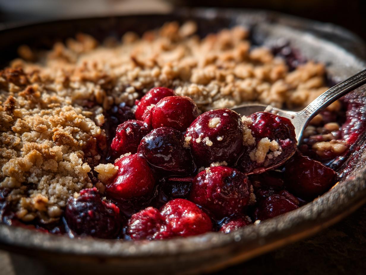 Close-up of a rustic sour cherry crisp in a baking dish, with a spoonful of cherries and crumble.
