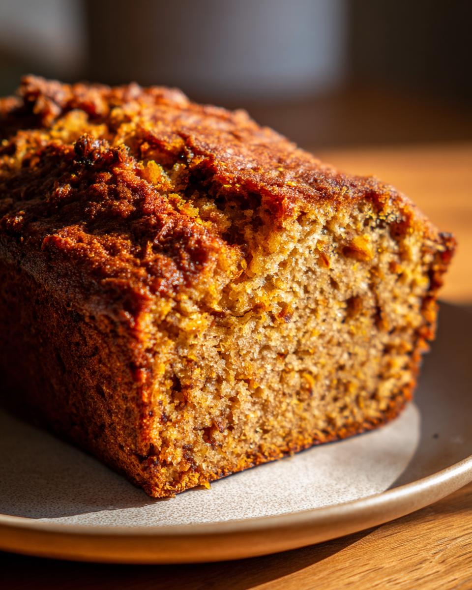 A close-up view of a freshly baked sourdough pumpkin bread loaf on a plate, showing its textured crust and moist interior.