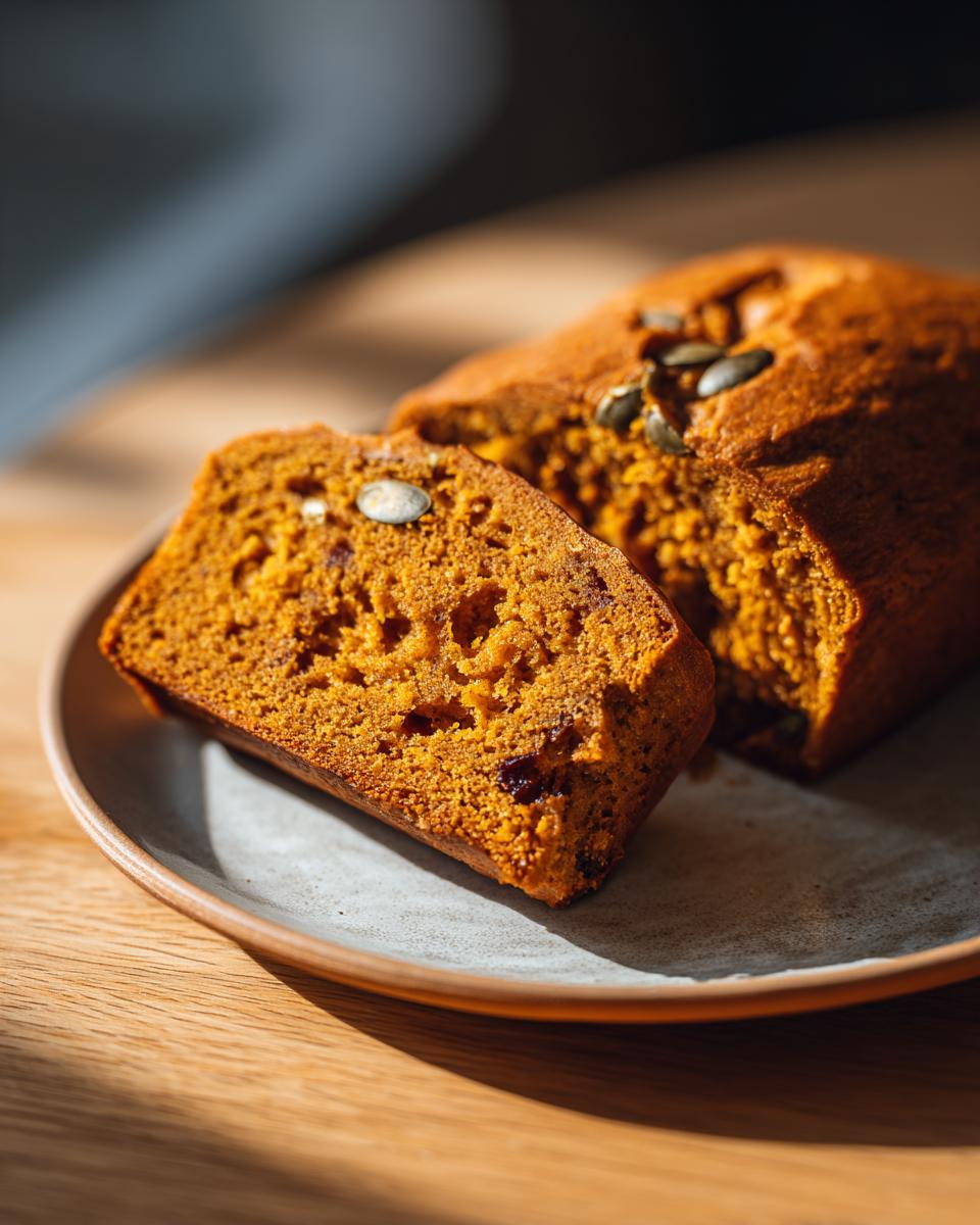 A close-up of a slice of sourdough pumpkin bread topped with pumpkin seeds, served on a plate.