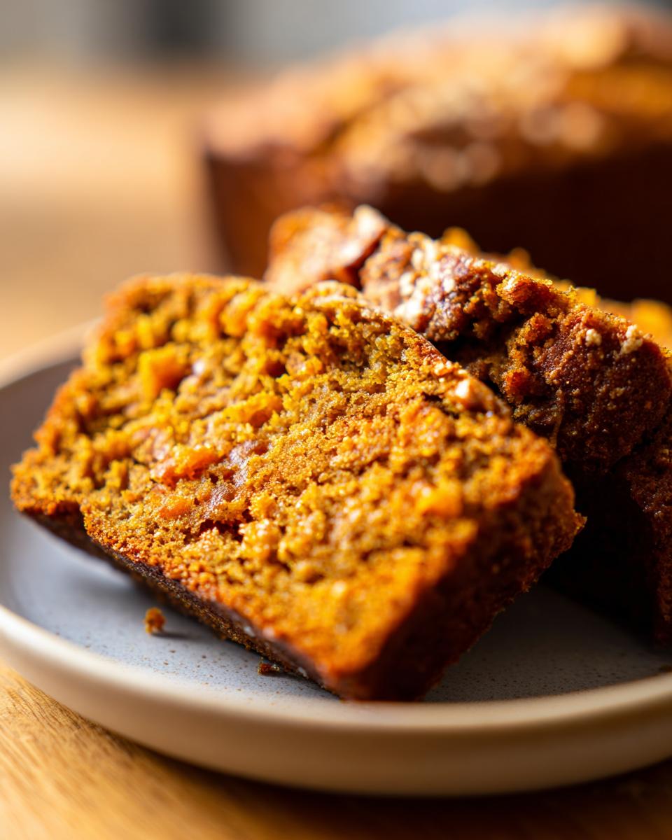 Close-up of two moist slices of sourdough pumpkin bread on a plate.