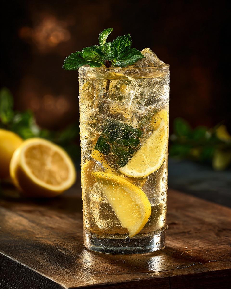 A refreshing glass of sparkling Japanese souffle pancakes drink, garnished with lemon slices and fresh mint leaves, served over ice.