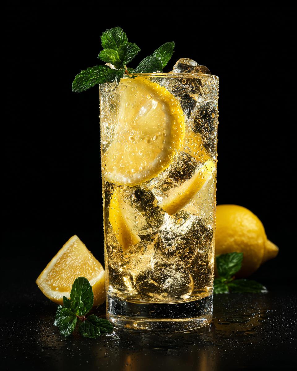 A tall glass filled with a sparkling yellow drink, ice, lemon slices, and mint, perfect for Japanese souffle pancakes.