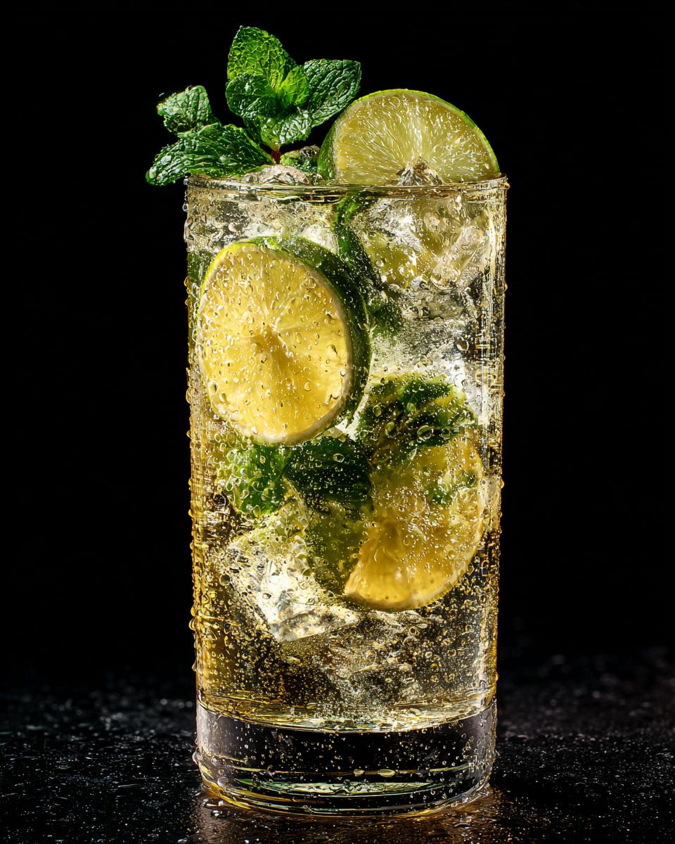 A refreshing sparkling drink with lime slices, mint leaves, and ice, perfect for pairing with Japanese souffle pancakes.