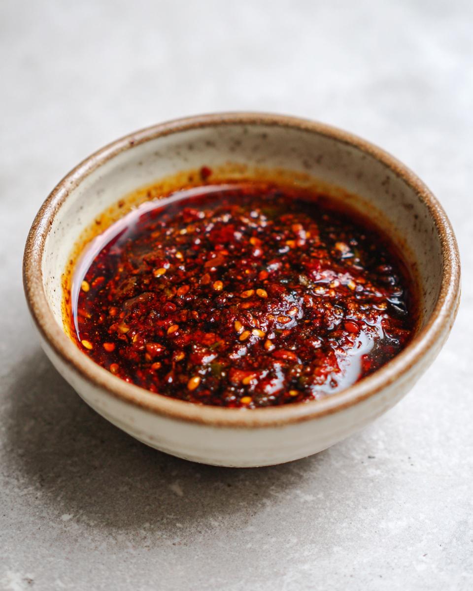 A close-up of a rustic bowl filled with vibrant, spicy Dumpling Sauce, featuring chili flakes and sesame seeds.