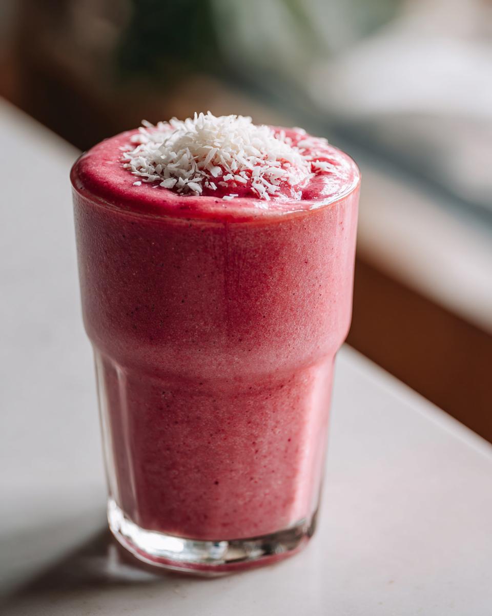 A vibrant pink spooky cinnamon rolls smoothie topped with shredded coconut in a tall glass.