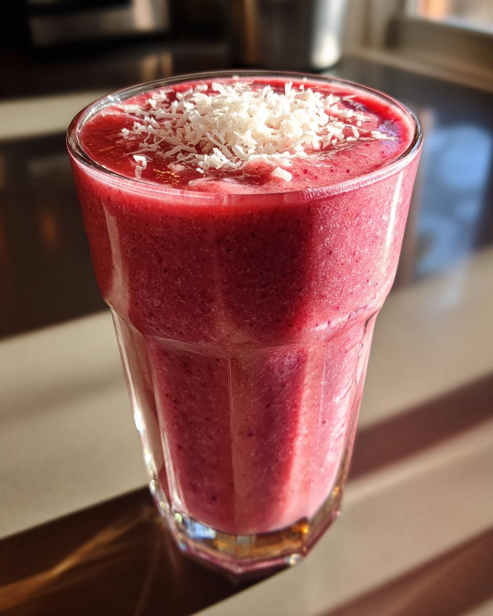 A tall glass of pink spooky cinnamon rolls smoothie topped with shredded coconut.