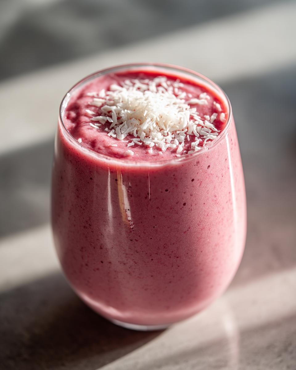 A close-up of a pink smoothie in a glass, topped with shredded coconut. This is a spooky cinnamon rolls smoothie.