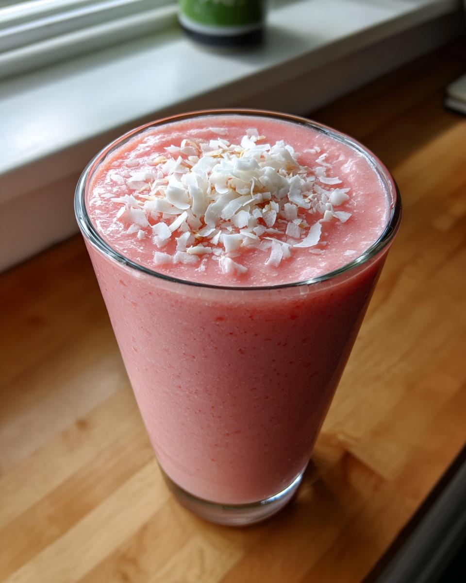 A tall glass of pink spooky cinnamon rolls smoothie topped with shredded coconut.