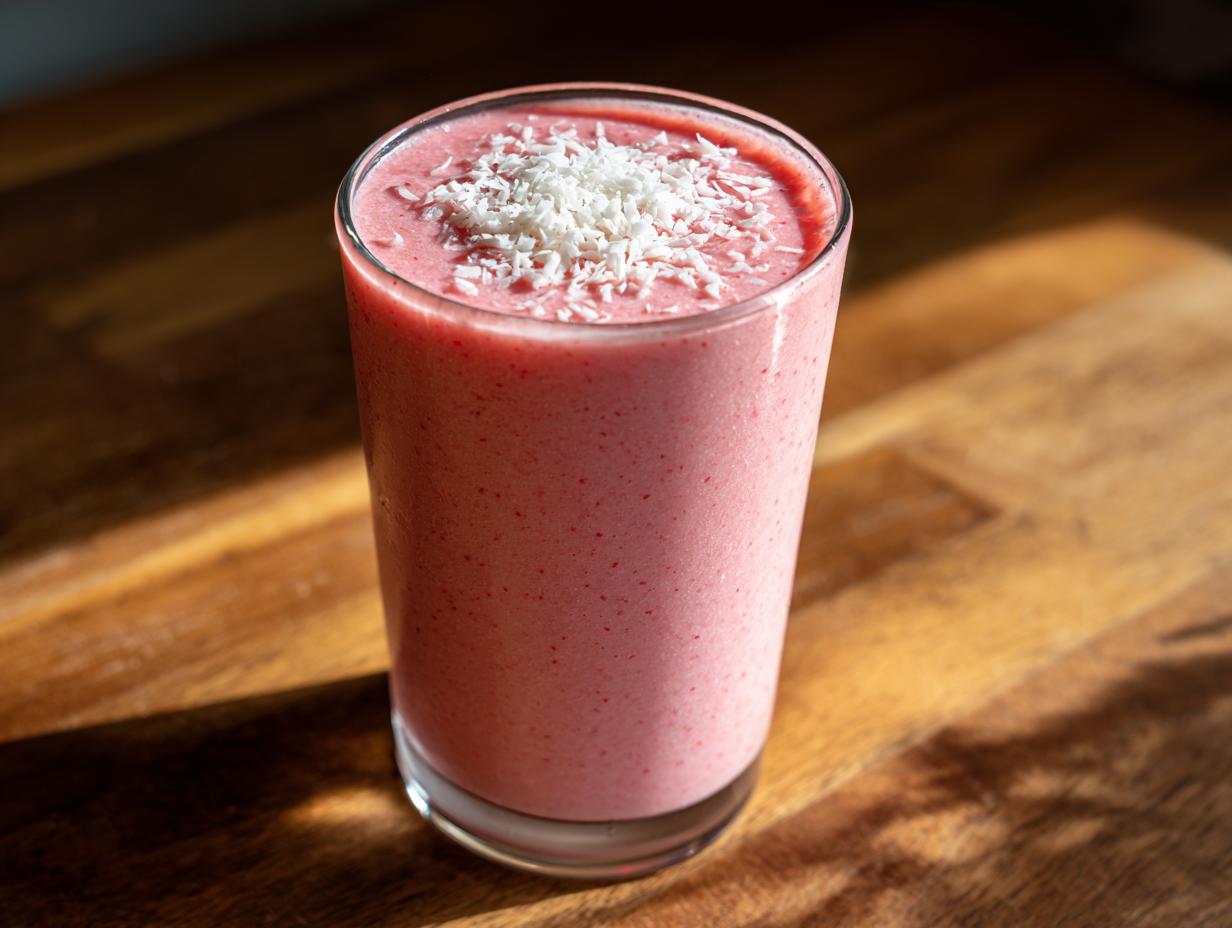 A tall glass of pink spooky cinnamon rolls smoothie topped with shredded coconut.