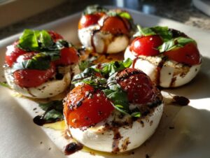 Four individual servings of Spooky Cranberry Jello Salad, topped with cherry tomatoes and basil, drizzled with balsamic glaze.