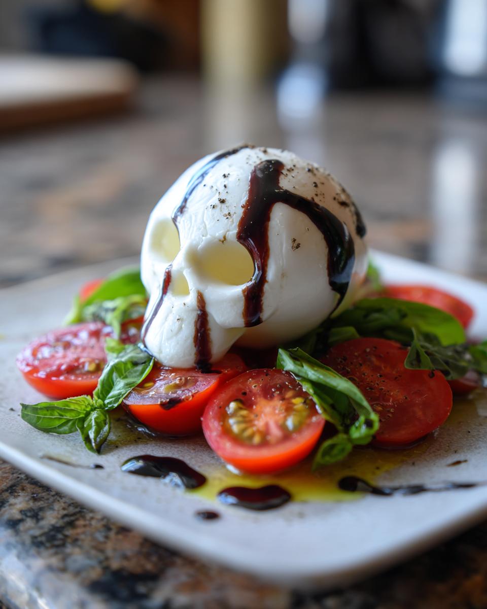 A mozzarella ball shaped like a skull, drizzled with balsamic glaze, served on a bed of halved cherry tomatoes and basil leaves.