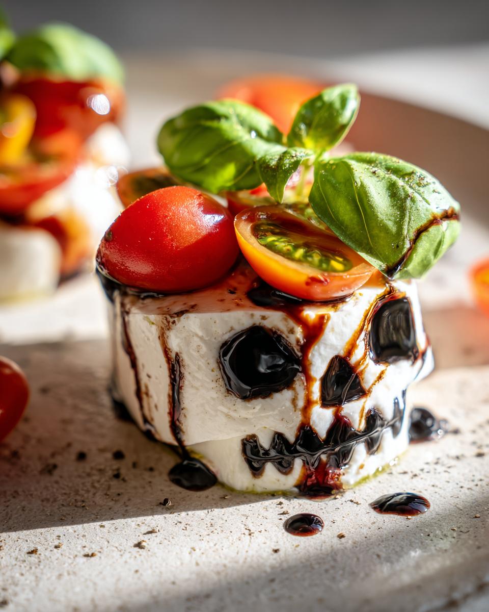 A spooky skull made from cheese, drizzled with balsamic glaze, topped with cherry tomatoes and basil for a Cranberry Jello Salad appetizer.