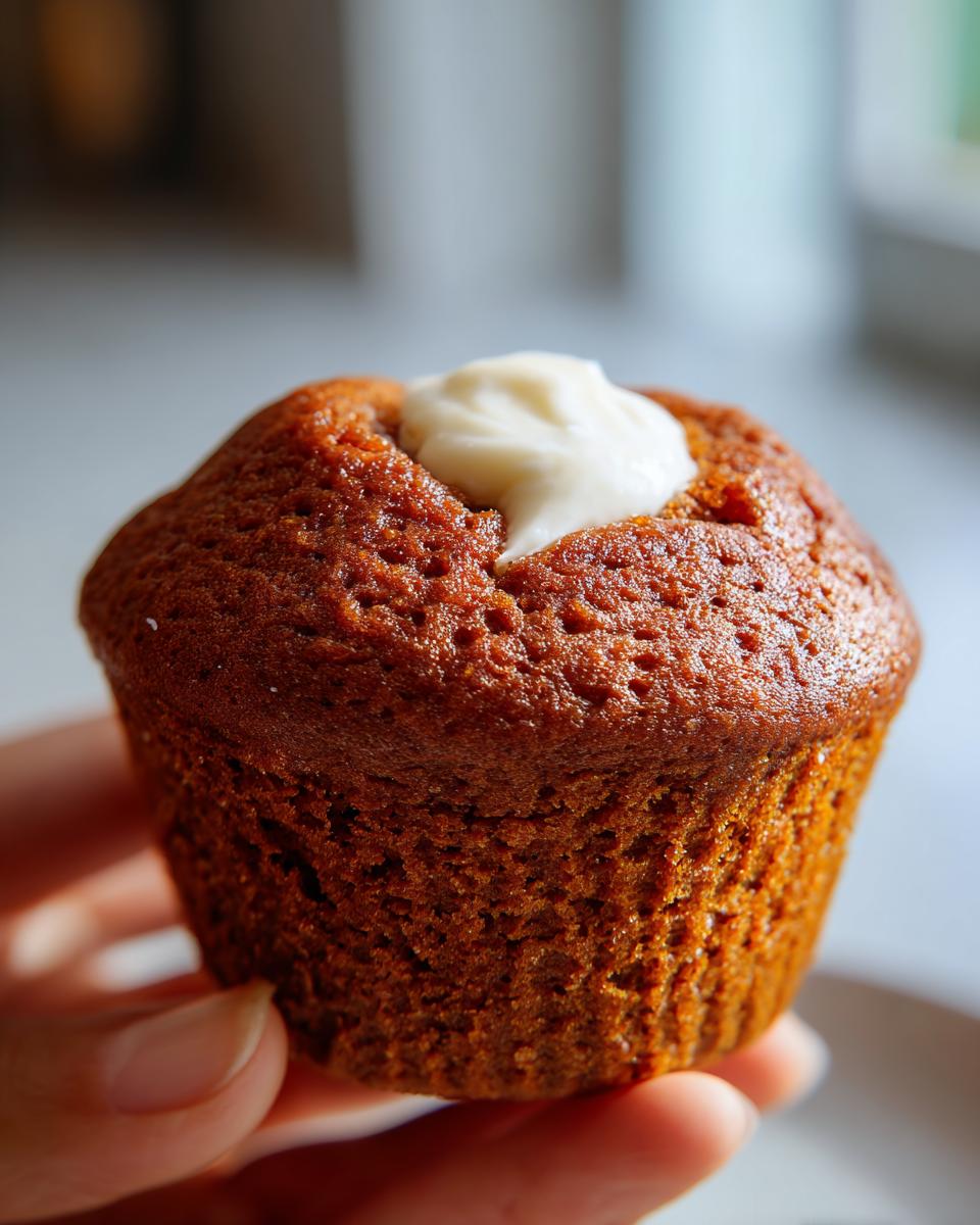 Close-up of a Starbucks Pumpkin Cream Cheese Muffin held in a hand, showing the golden-brown muffin top and creamy filling.
