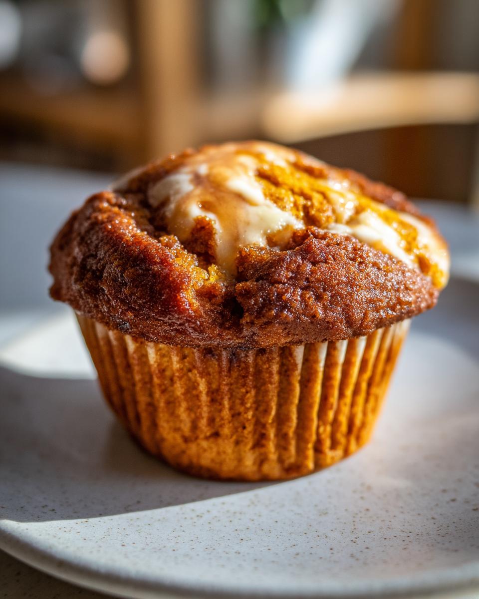 Close-up of a Starbucks Pumpkin Cream Cheese Muffin with cream cheese swirl on top.