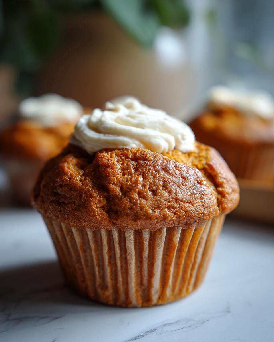 Close-up of a Starbucks Pumpkin Cream Cheese Muffin topped with cream cheese frosting.