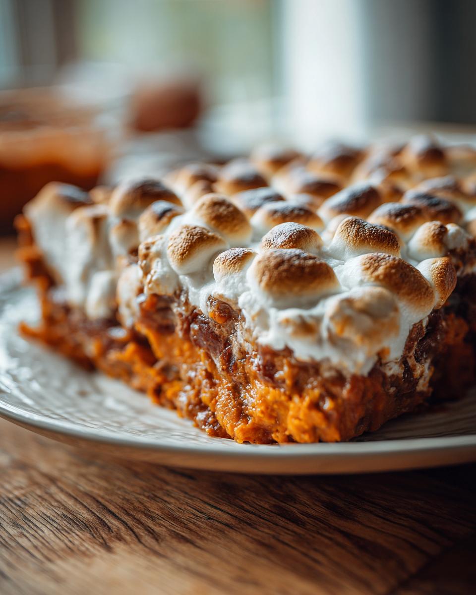 A close-up of a slice of sweet potato casserole topped with perfectly toasted marshmallows.