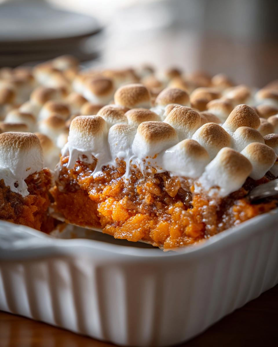 A scoop being taken out of a sweet potato casserole topped with toasted marshmallows.