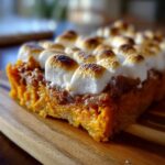 A slice of sweet potato casserole topped with perfectly toasted marshmallows on a wooden board.