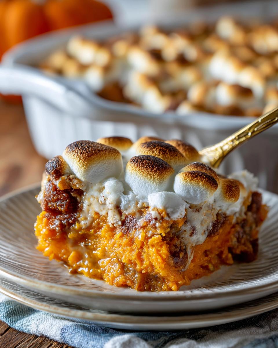 A slice of sweet potato casserole topped with perfectly toasted marshmallows, being served with a golden spoon.