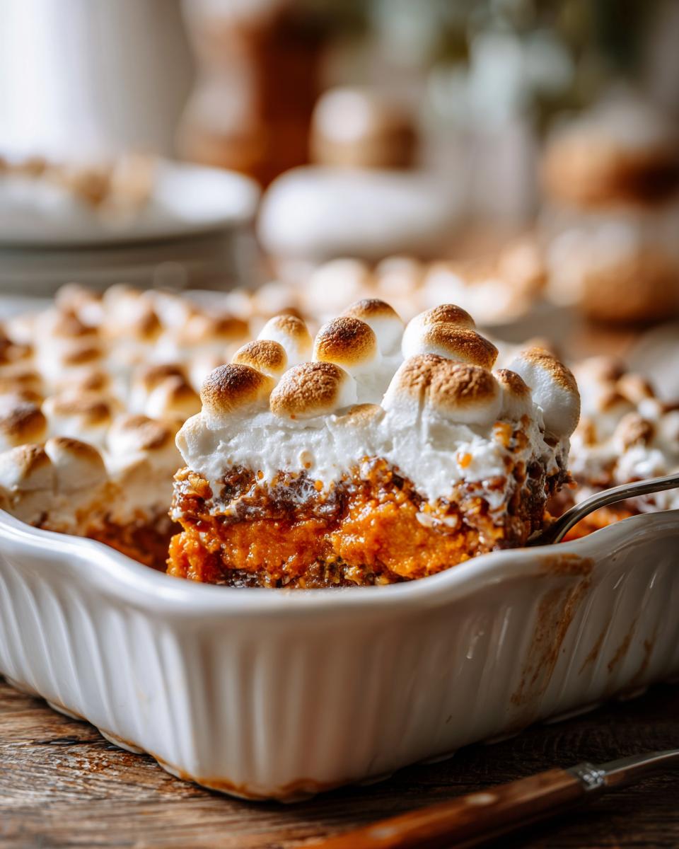 A slice of sweet potato casserole topped with perfectly toasted marshmallows being lifted from a white baking dish.