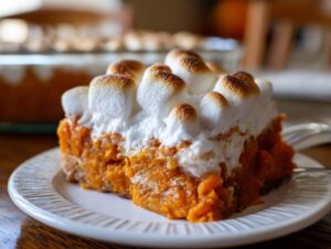 A close-up of a slice of sweet potato casserole topped with toasted marshmallows on a white plate.