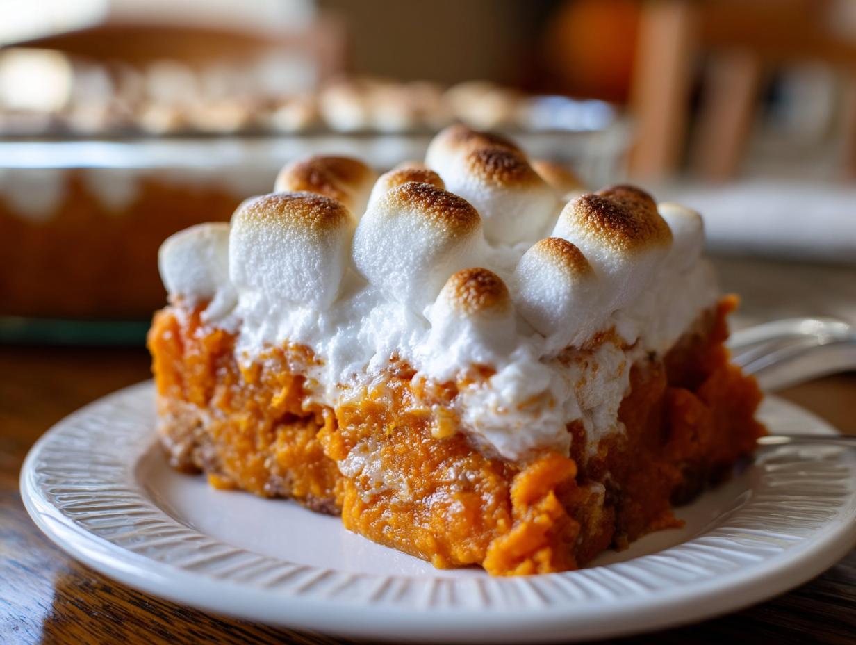 A close-up of a slice of sweet potato casserole topped with toasted marshmallows on a white plate.