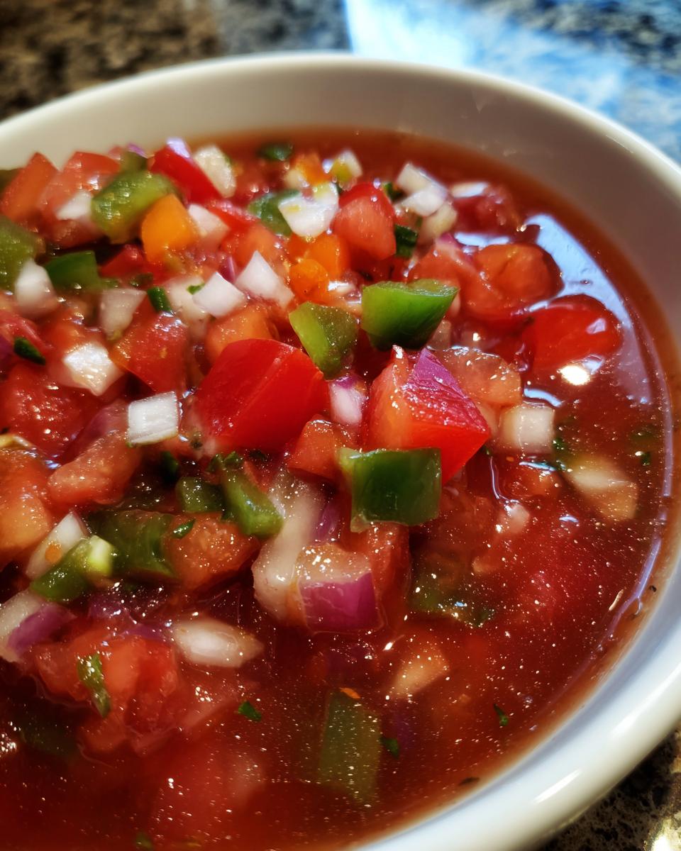 Close-up of a bowl filled with fresh tomato salsa, featuring diced tomatoes, green peppers, red onion, and cilantro.