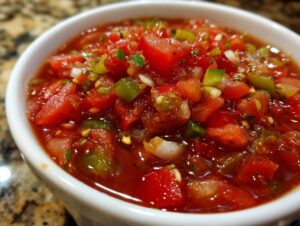 Close-up of fresh tomato salsa in a white bowl, featuring diced tomatoes, onions, and jalapeños for a tomato salsa canning recipe.