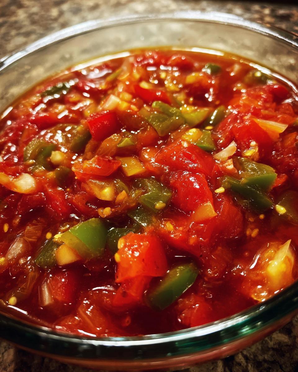 Close-up of vibrant, chunky tomato salsa with diced green peppers and onions in a glass bowl, perfect for canning.