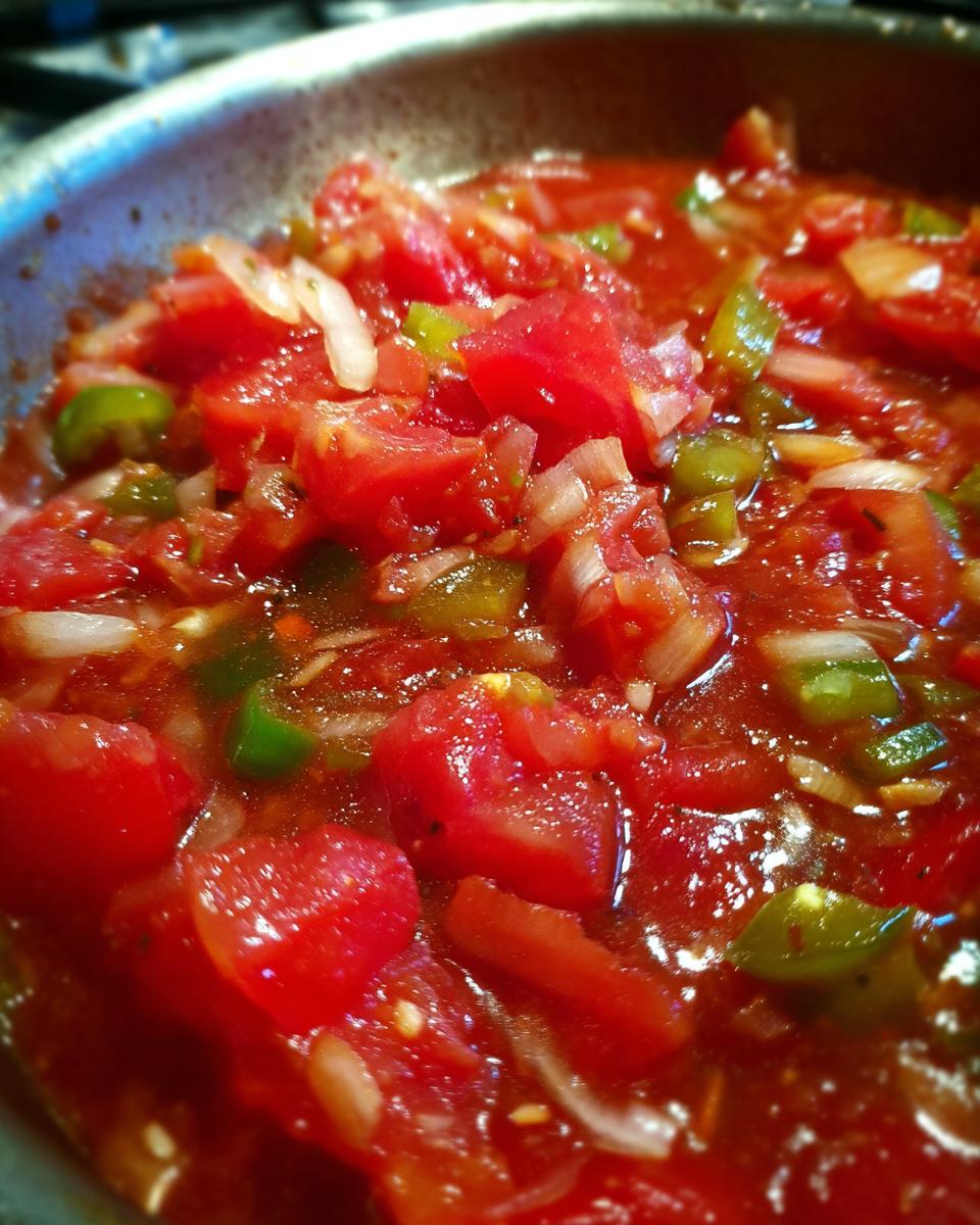 Close-up of chopped tomatoes, onions, and peppers simmering in a pot for a tomato salsa canning recipe.
