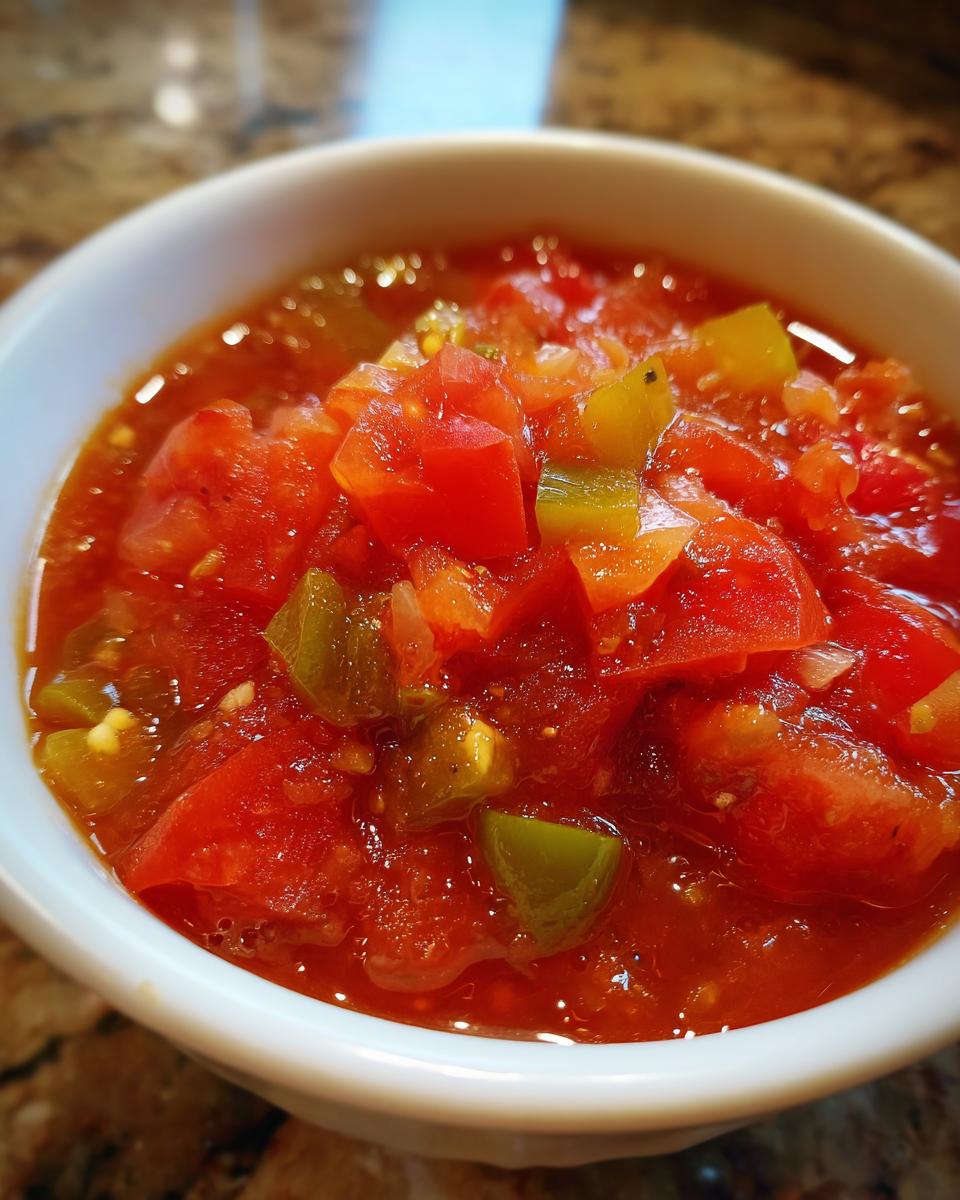Close-up of fresh ingredients for tomato salsa canning recipe: diced tomatoes and green peppers in a white bowl.