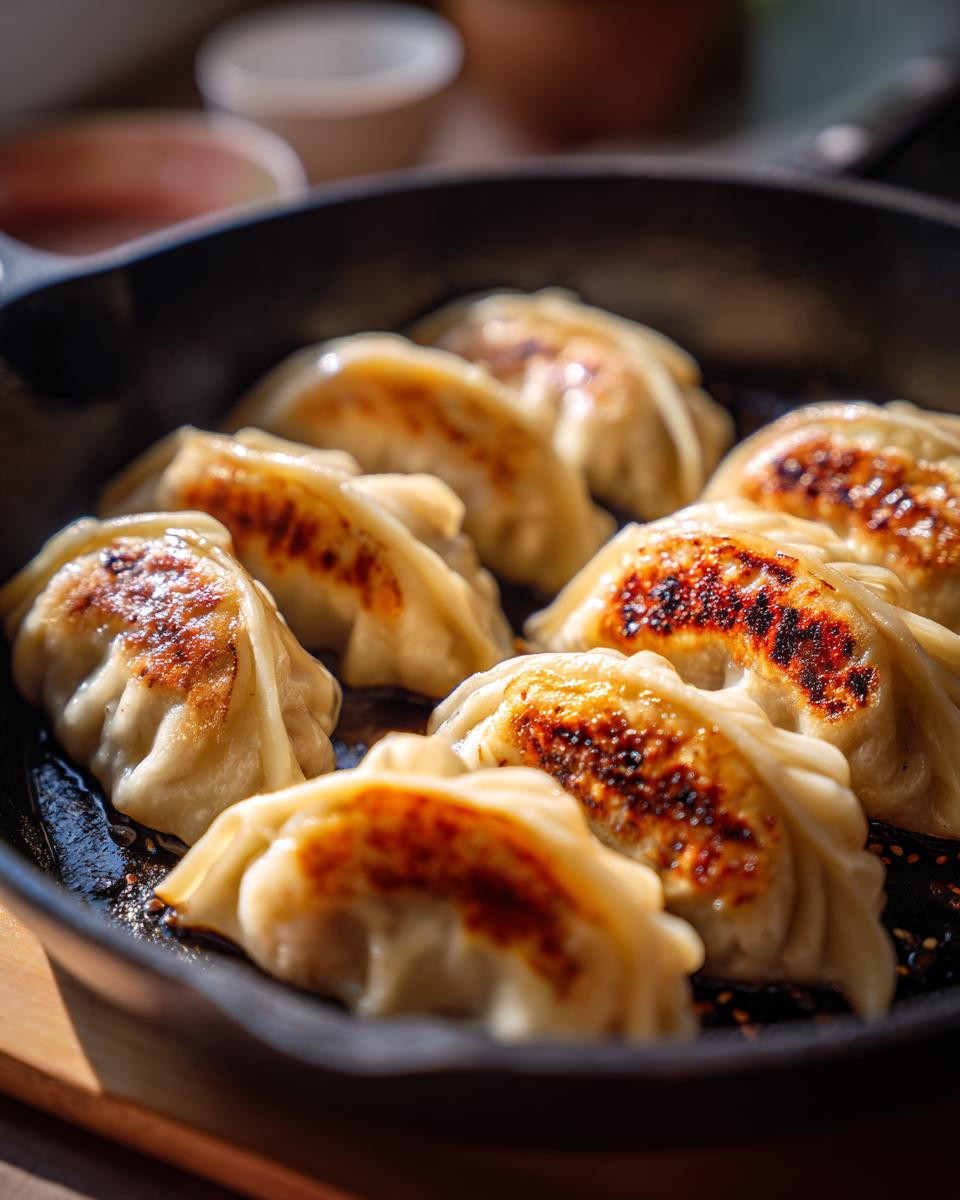 Close-up of pan-fried Traditional Chinese Dumplings with golden-brown, crispy bottoms in a cast-iron skillet.