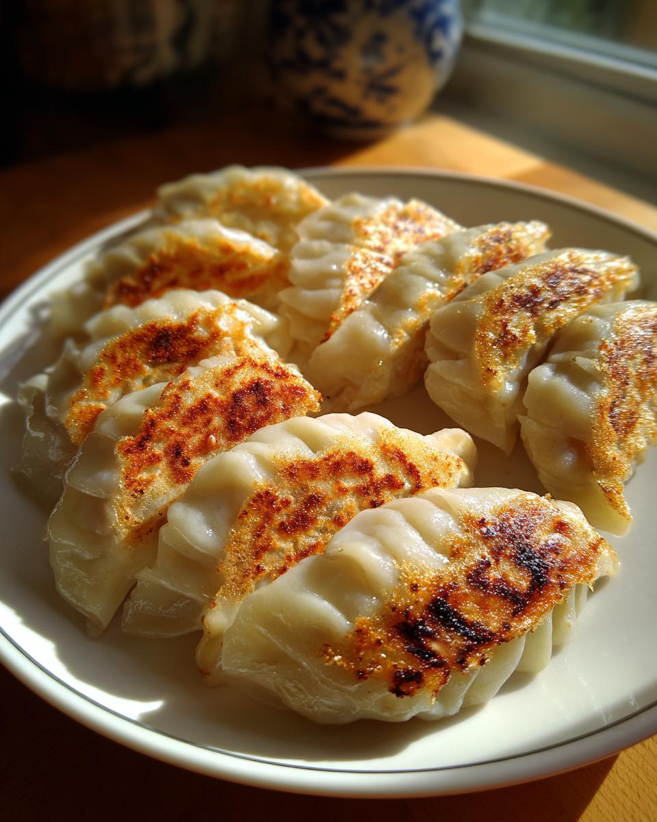 A plate of golden-brown pan-fried Traditional Chinese Dumplings, showcasing their crispy bottoms and pleated tops.