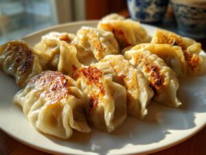 A plate of golden-brown pan-fried Traditional Chinese Dumplings, showcasing their crispy bottoms and tender wrappers.