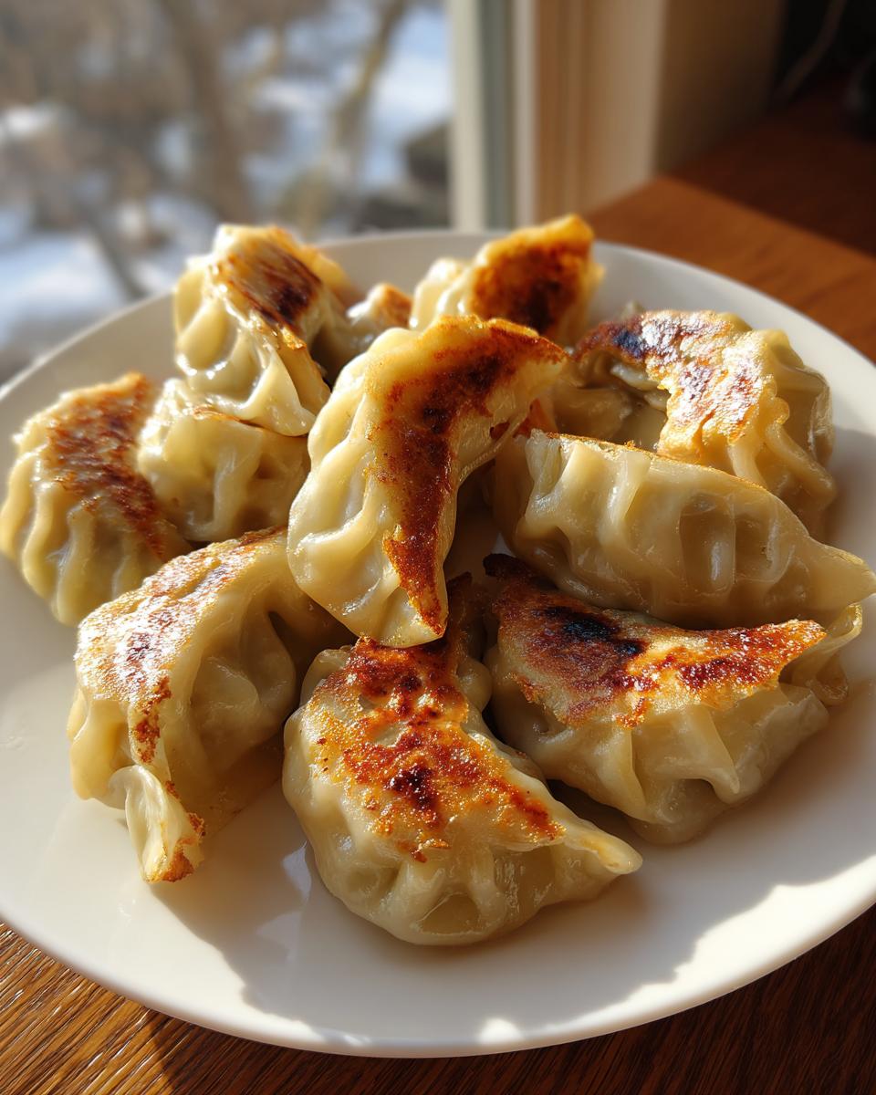 A plate of golden-brown pan-fried Traditional Chinese Dumplings, showcasing their crispy bottoms and delicate pleats.