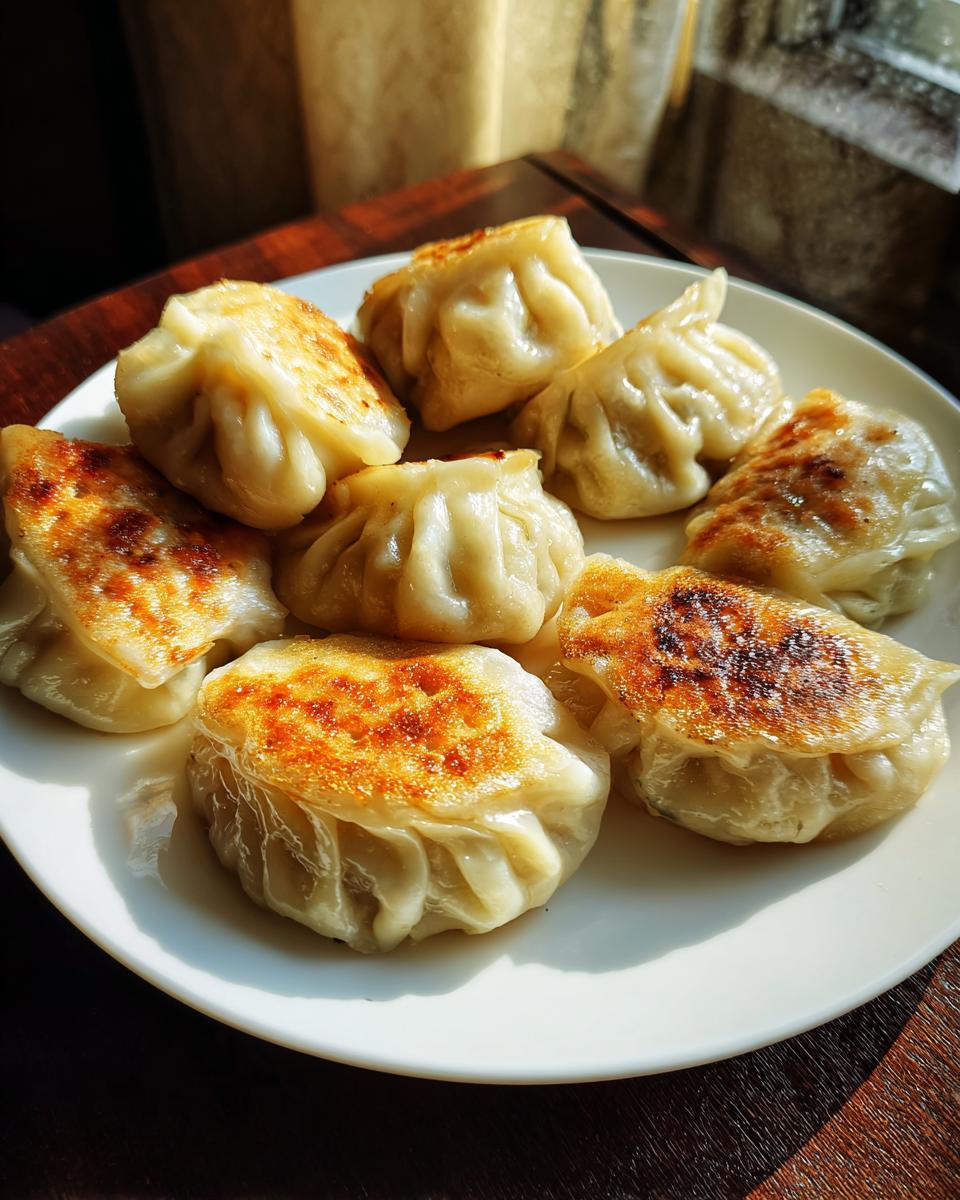 A plate of golden-brown pan-fried Traditional Chinese Dumplings, showcasing their pleated wrappers and crispy bottoms.