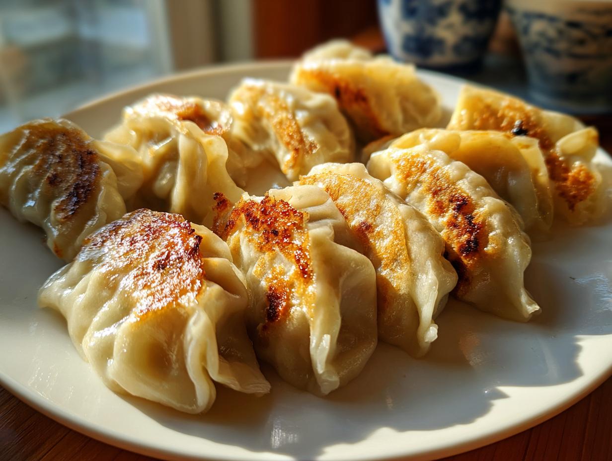 A plate of golden-brown pan-fried Traditional Chinese Dumplings, showcasing their crispy bottoms and tender wrappers.