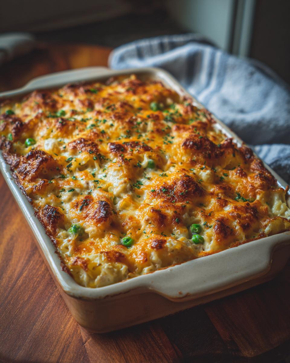 A golden-brown baked Tuna Casserole in a baking dish, topped with melted cheese and sprinkled with parsley and peas.