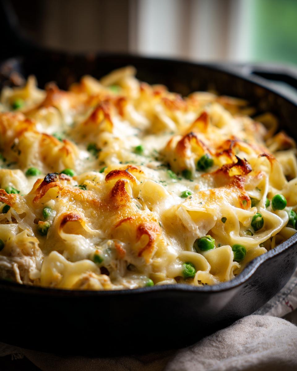 Close-up of a bubbling Tuna Casserole in a cast iron skillet, with golden-brown cheese and visible peas.