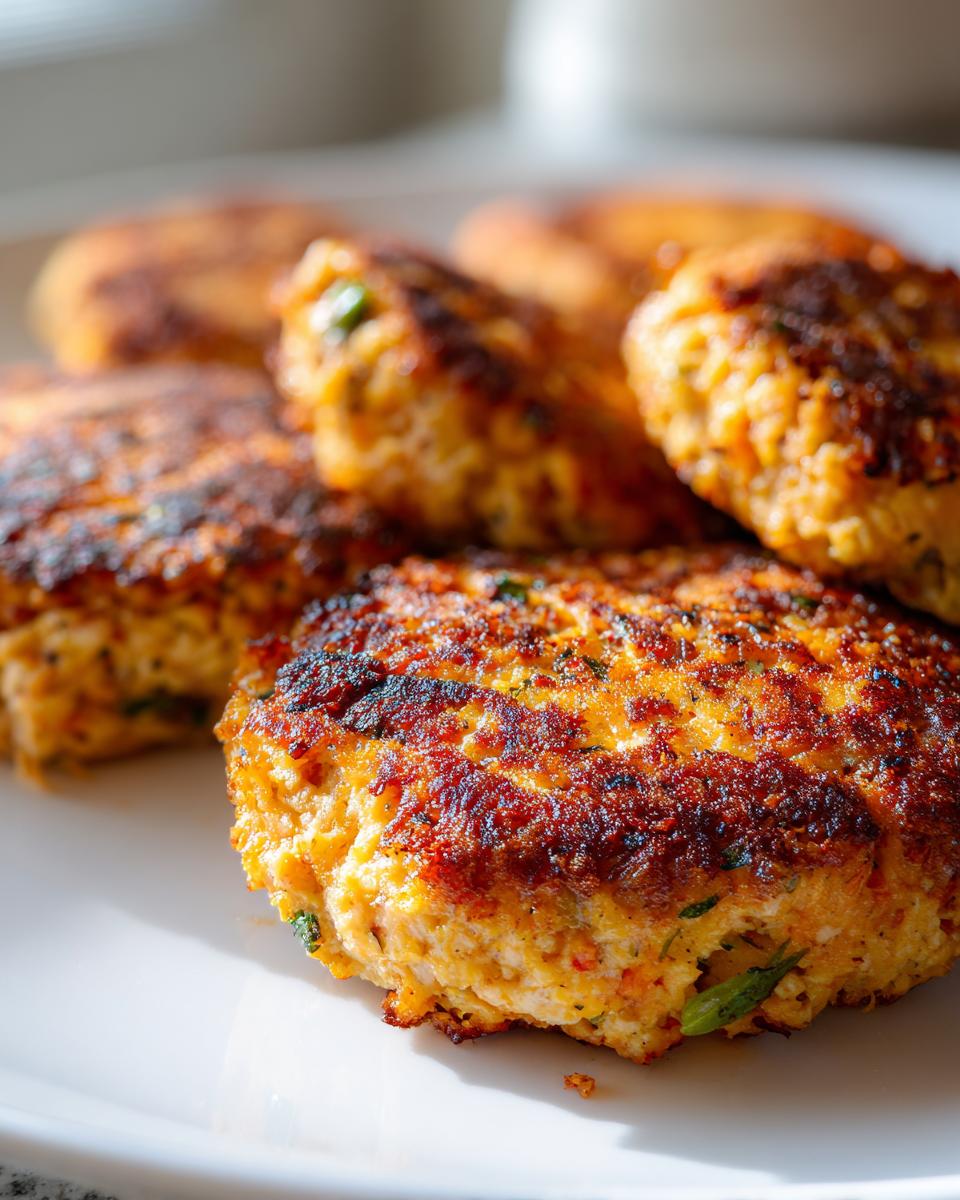 Close-up of perfectly cooked, golden brown tuna patties on a white plate, with visible herbs.