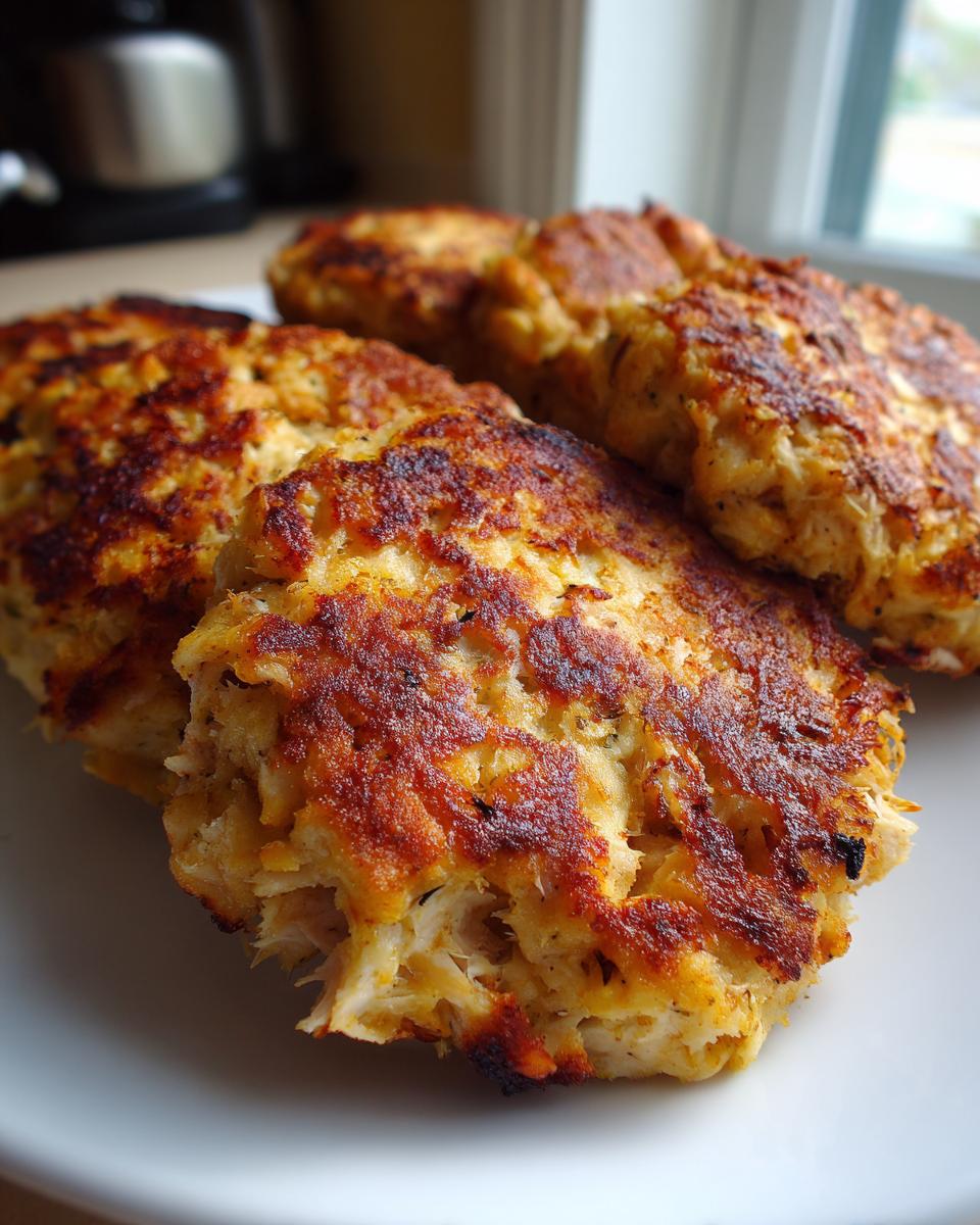 Close-up of golden-brown, pan-fried Tuna Patties on a white plate, showing flaky texture.