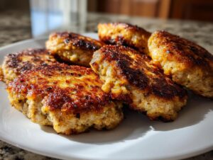 Close-up of several golden brown, pan-fried tuna patties arranged on a white plate.