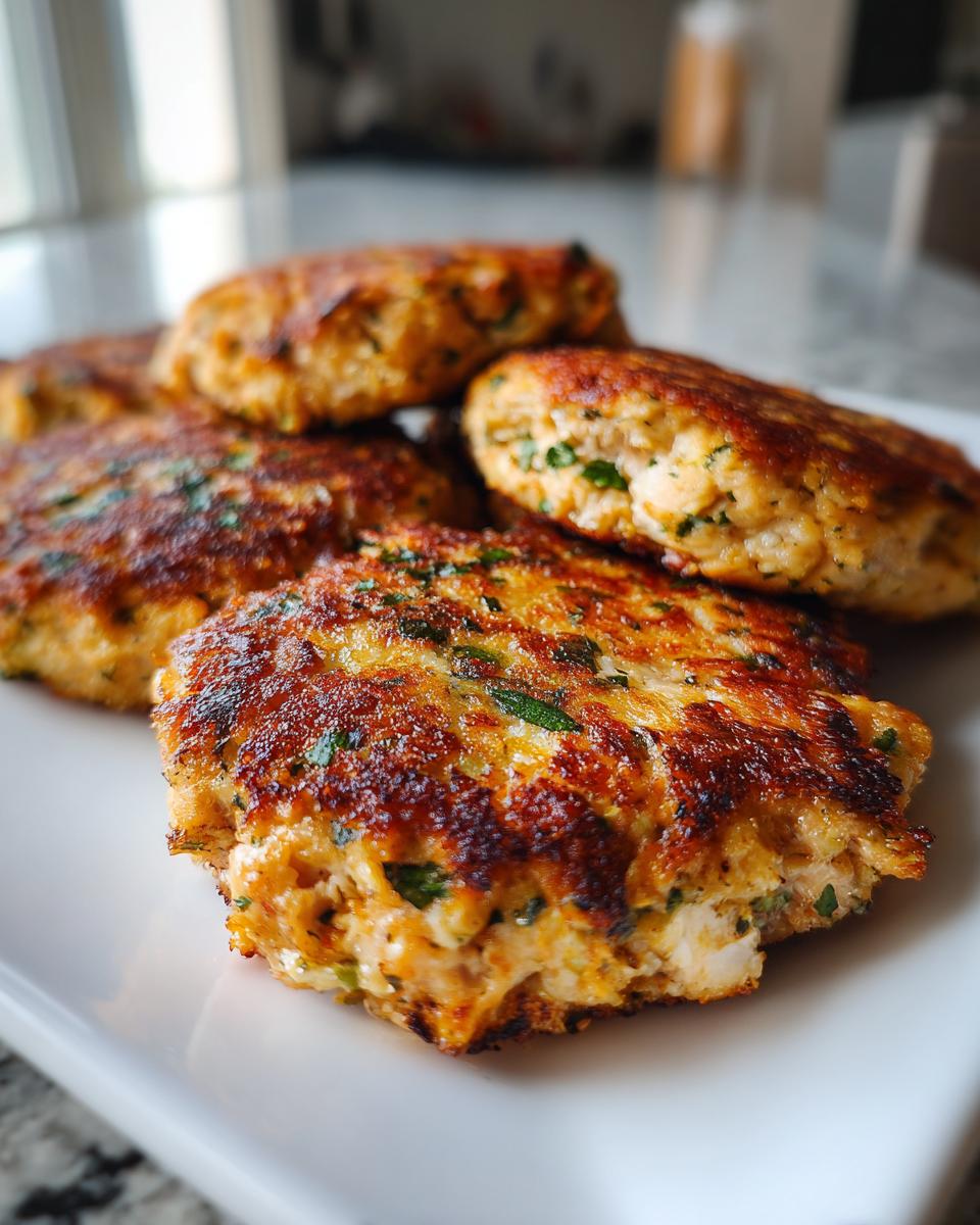 A close-up of golden brown, pan-fried tuna patties seasoned with herbs, served on a white plate.
